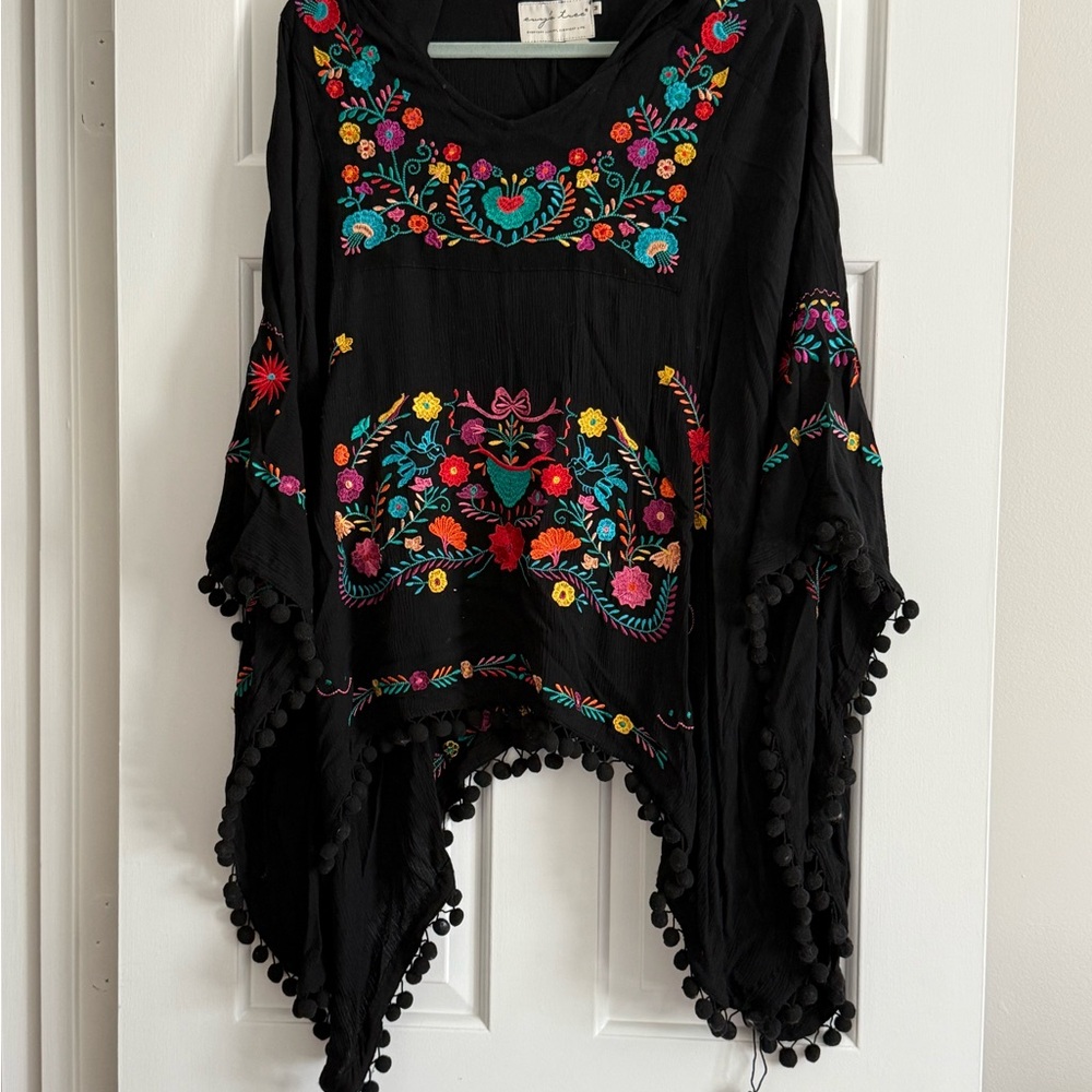 Embroidered Black Poncho/Swim Cover Up with Colorful Floral Design